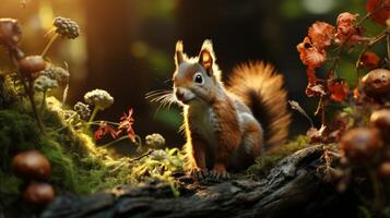 AI generated Red squirrel sitting on a log in the forest photo