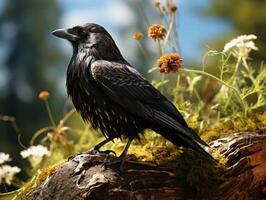Raven perched on a branch in the forest photo