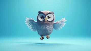 AI generated Flying cute little owl character on blue sky background. photo