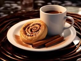 AI generated Freshly baked cinnamon rolls on rustic kitchen photo