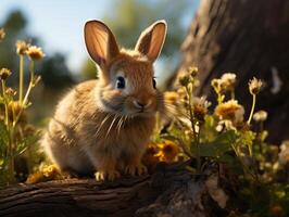 linda pequeño Conejo sentado en el césped en un soleado día. foto