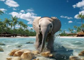 ai generado elefante en el agua en un antecedentes de palma arboles y azul cielo foto