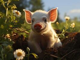 pequeño cerdito en el césped en un antecedentes de el azul cielo foto