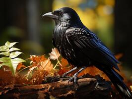 Raven perched on a branch in the forest photo