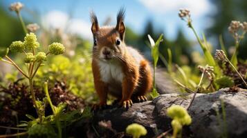 Red squirrel sitting on a log in the forest photo