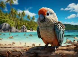 AI generated Parrot on the beach with palm trees and blue sky background. photo