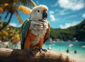 AI generated Parrot on the beach with palm trees and blue sky background. photo