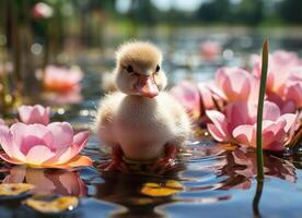 ai generado pequeño anadón nadando en un lago con rosado agua lirios foto