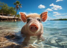 Cute pig swimming in tropical sea, summer vacation concept. photo