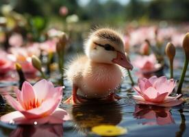 AI generated Little duckling swimming in a lake with pink water lilies. photo