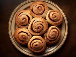 AI generated Freshly baked cinnamon rolls on rustic kitchen photo