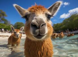 AI generated Portrait of alpaca swimming in tropical sea photo