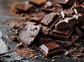 AI generated Pieces of dark chocolate on table closeup Food background photo