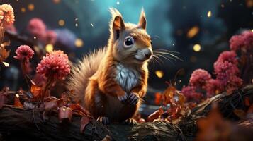 AI generated Red squirrel sitting on a log in the forest photo