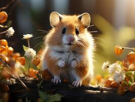 AI generated Hamster sits on a branch in the grass in a meadow photo