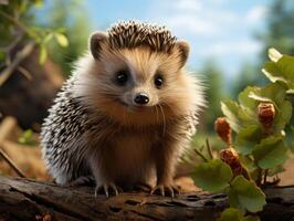 AI generated Cute hedgehog in the forest on a background of autumn leaves photo