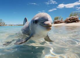 AI generated Dolphin swims in the sea with splashes of water. photo