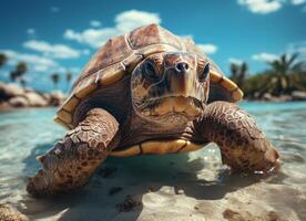 AI generated Flying cute little Turtle character on blue sky background. photo