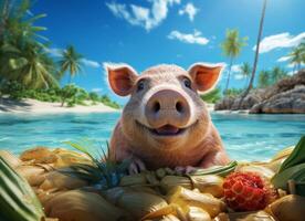 AI generated Cute pig swimming in tropical sea, summer vacation concept. photo