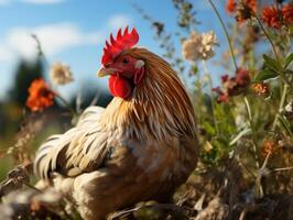 AI generated Chicken in the meadow on a background of wildflowers photo