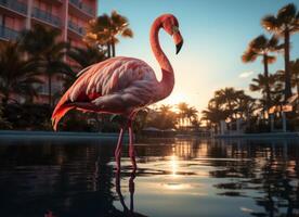 AI generated Pink flamingo standing in the water on a beautiful tropical beach. photo