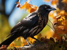 Raven perched on a branch in the forest photo