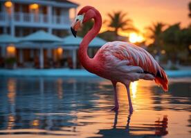 AI generated Pink flamingo standing in the water on a beautiful tropical beach. photo