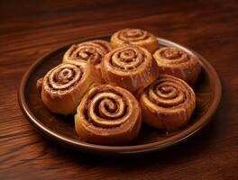 AI generated Freshly baked cinnamon rolls on rustic kitchen photo