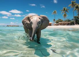 AI generated Elephant in the water on a background of palm trees and blue sky photo