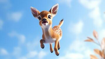 AI generated Flying cute little deer character on blue sky background. photo