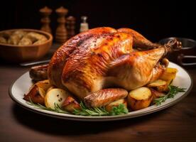AI generated Roasted chicken with spices on rustic kitchen photo