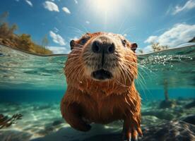 Portrait of capybara swimming in tropical sea photo