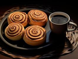 AI generated Freshly baked cinnamon rolls on rustic kitchen photo