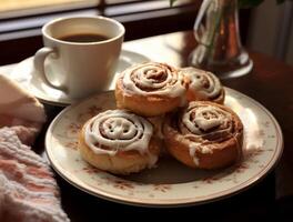 AI generated Freshly baked cinnamon rolls on rustic kitchen photo