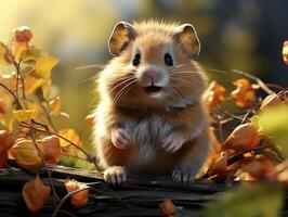 AI generated Hamster sits on a branch in the grass in a meadow photo