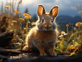 Cute little rabbit in the garden at sunset close up photo