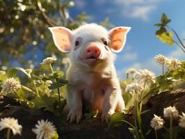 Little piglet in the grass on a background of the blue sky photo