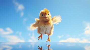 AI generated Flying cute little chick character on blue sky background. photo
