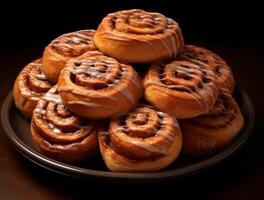 AI generated Freshly baked cinnamon rolls on rustic kitchen photo