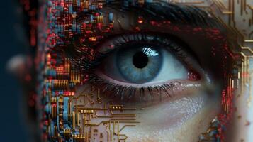 AI generated Artificial intelligence concept. Close up of human eye with circuit board. photo