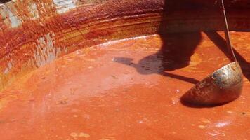 pomodoro la minestra con pasta è un' piatto di polacco cucina. caldo zupa pomidorowa nel un' grande calderone a il campo cucina a un' cibo giusto. un' popolare la minestra fatto a partire dal grattugiato pomodori nel loro proprio succo. video