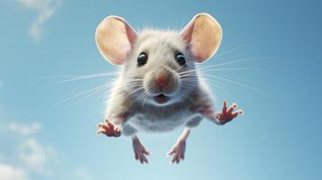 AI generated Flying cute little mouse character on blue sky background. photo