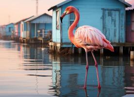 AI generated Pink flamingo standing in the water on a beautiful tropical beach. photo