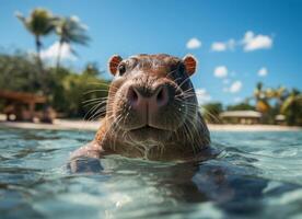 Portrait of a hippopotamuss swimming in tropical sea photo