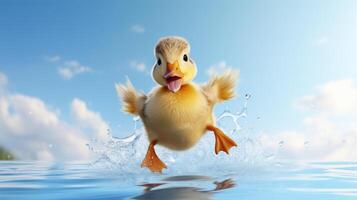 AI generated Flying cute little chick character on blue sky background. photo