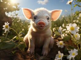 pequeño cerdito en el césped en un antecedentes de el azul cielo foto