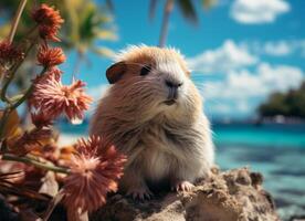 Hamster on the beach with flowers and blue sky in background. photo