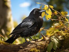 Raven perched on a branch in the forest photo