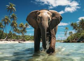 AI generated Elephant in the water on a background of palm trees and blue sky photo