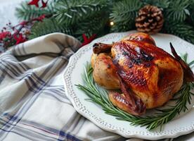 AI generated Roasted chicken with spices on rustic kitchen photo